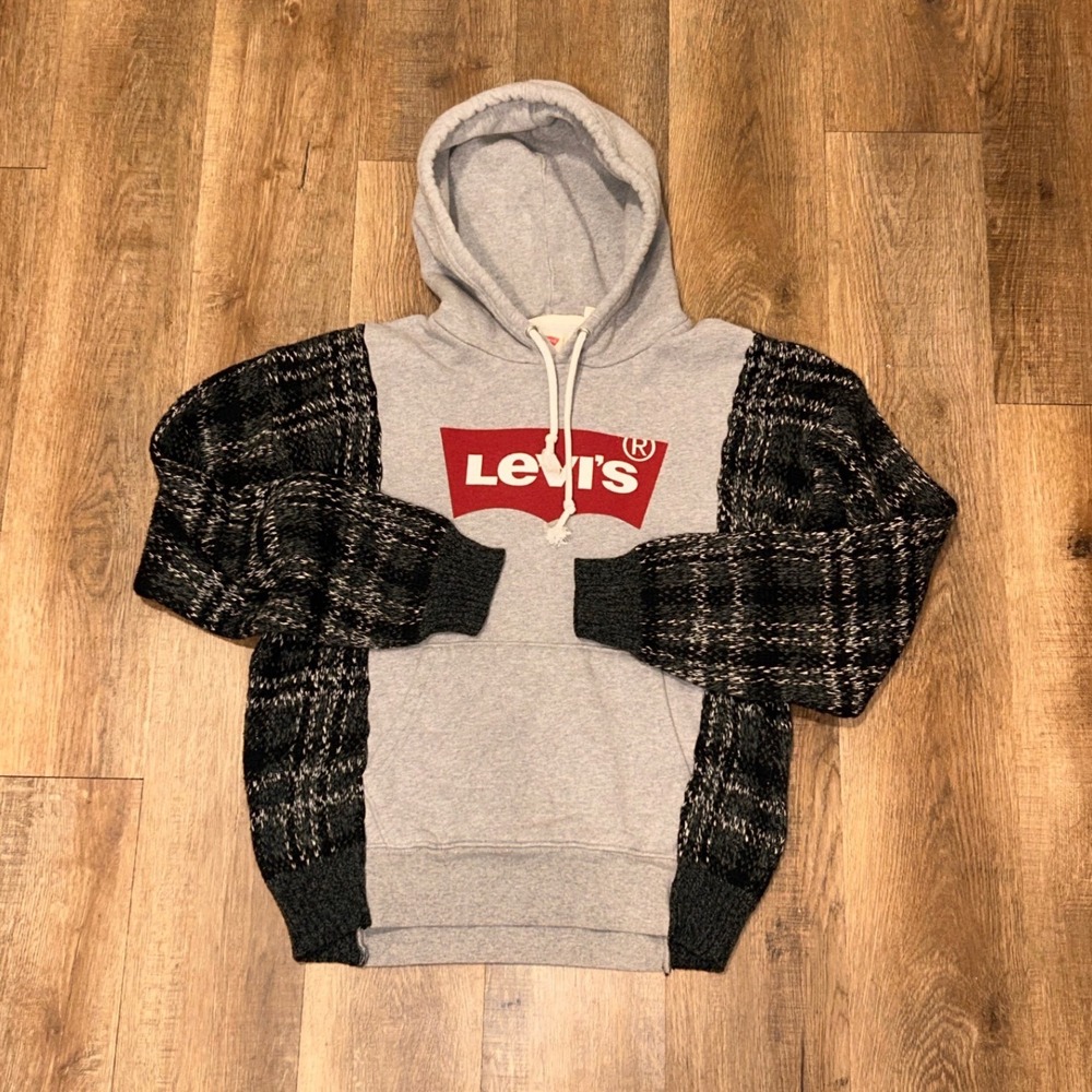 Custom 1 of 1 Levis Reworked Hoodie Gray Knit Mixed Media Pullover Mens S